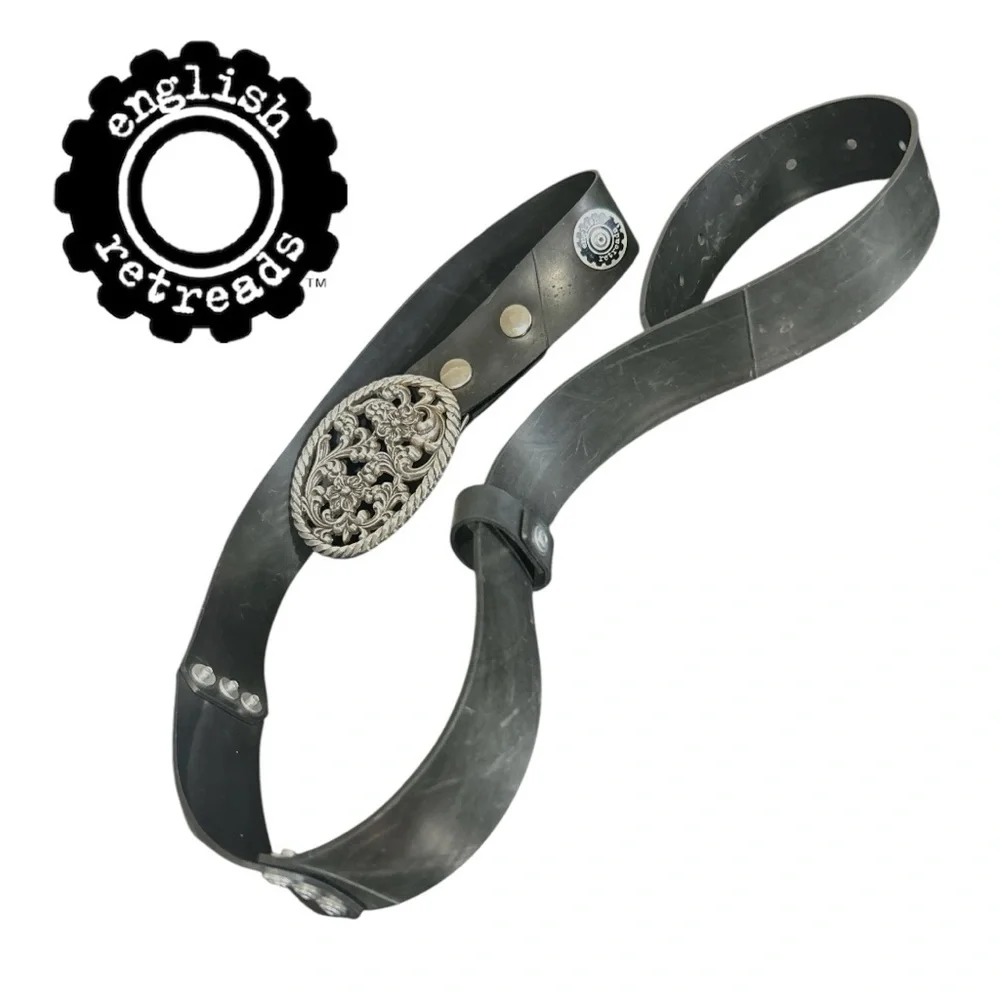 English Retreads Recycled Rubber Tire Belt with Decorative‎ Floral Belt Buckle